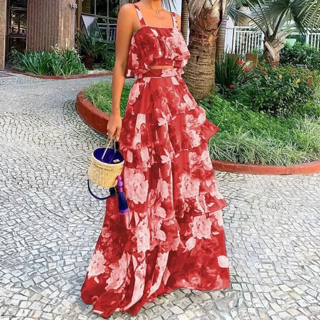 Women's Summer Ruffle Cami Top Maxi Skirt Dress Sets Floral Print Strap Tiered Ruffle Skirt Boho Beach Maxi Long Dress Sets