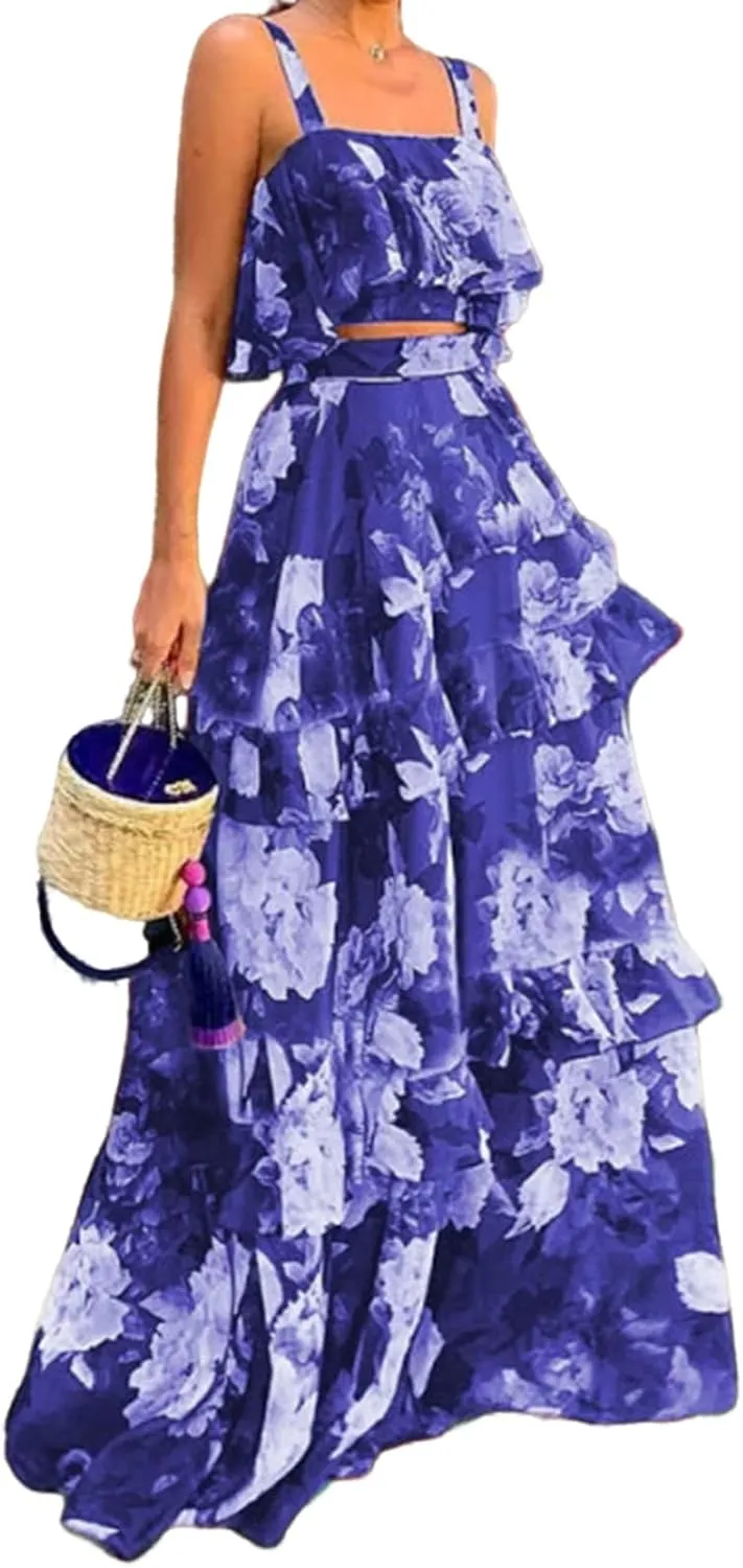 Women's Summer Ruffle Cami Top Maxi Skirt Dress Sets Floral Print Strap Tiered Ruffle Skirt Boho Beach Maxi Long Dress Sets