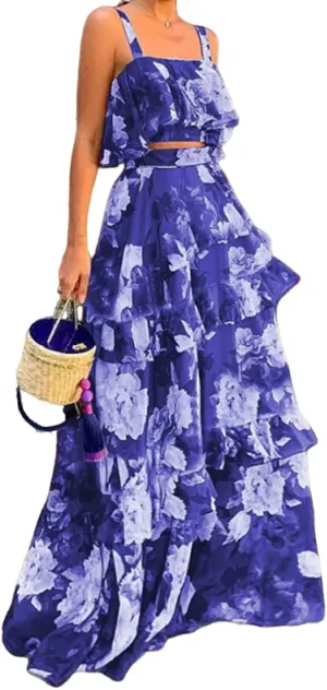 Women's Summer Ruffle Cami Top Maxi Skirt Dress Sets Floral Print Strap Tiered Ruffle Skirt Boho Beach Maxi Long Dress Sets