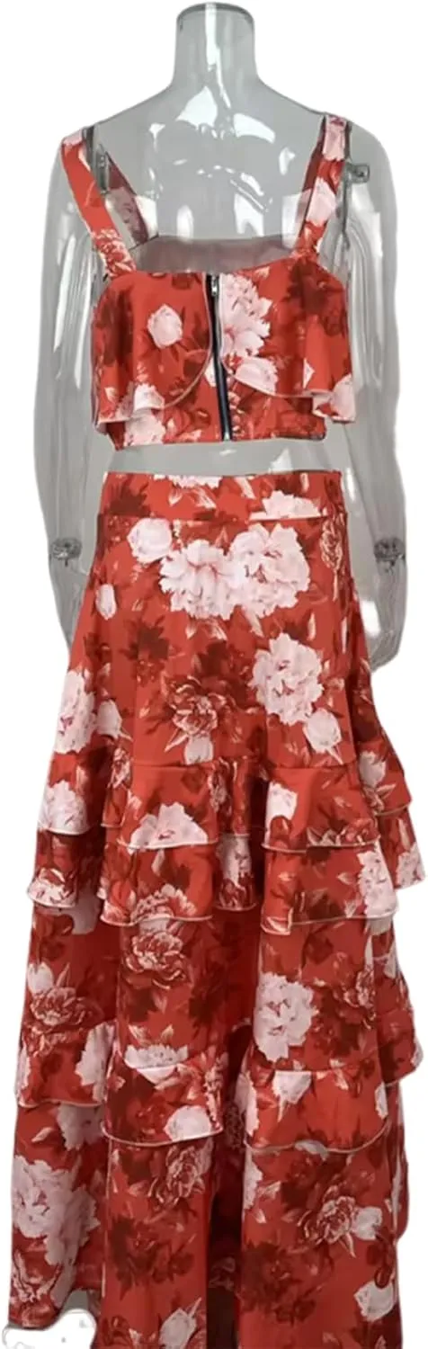 Women's Summer Ruffle Cami Top Maxi Skirt Dress Sets Floral Print Strap Tiered Ruffle Skirt Boho Beach Maxi Long Dress Sets
