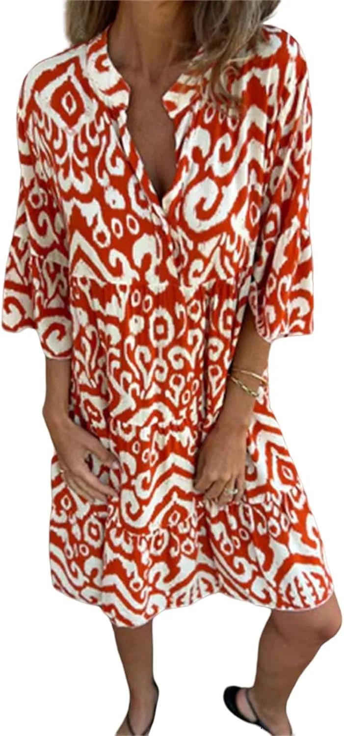 Womens Summer Short Sleeve Dresses Casual V Neck Print Smocked Midi Dress Flowy Loose Travel Vacation Clothes