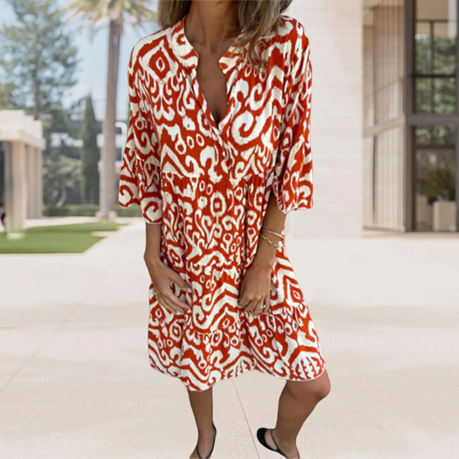 Womens Summer Short Sleeve Dresses Casual V Neck Print Smocked Midi Dress Flowy Loose Travel Vacation Clothes