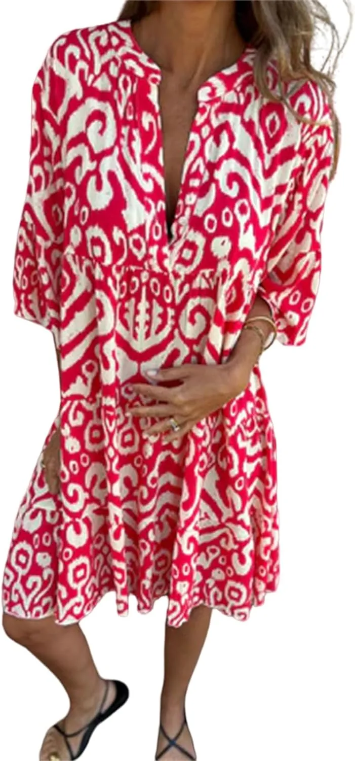 Womens Summer Short Sleeve Dresses Casual V Neck Print Smocked Midi Dress Flowy Loose Travel Vacation Clothes