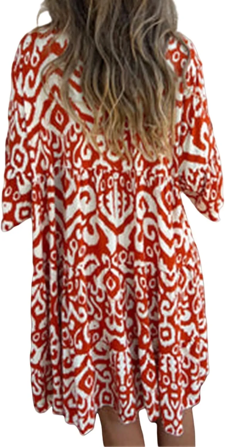 Womens Summer Short Sleeve Dresses Casual V Neck Print Smocked Midi Dress Flowy Loose Travel Vacation Clothes