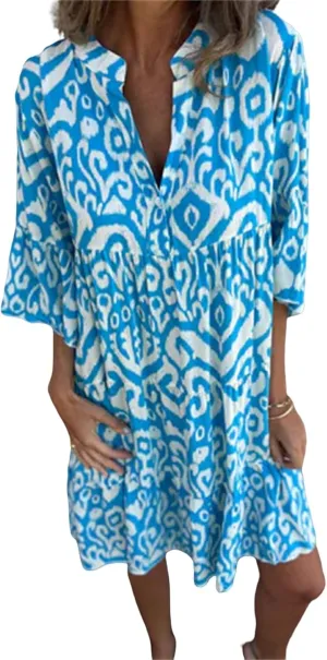 Womens Summer Short Sleeve Dresses Casual V Neck Print Smocked Midi Dress Flowy Loose Travel Vacation Clothes