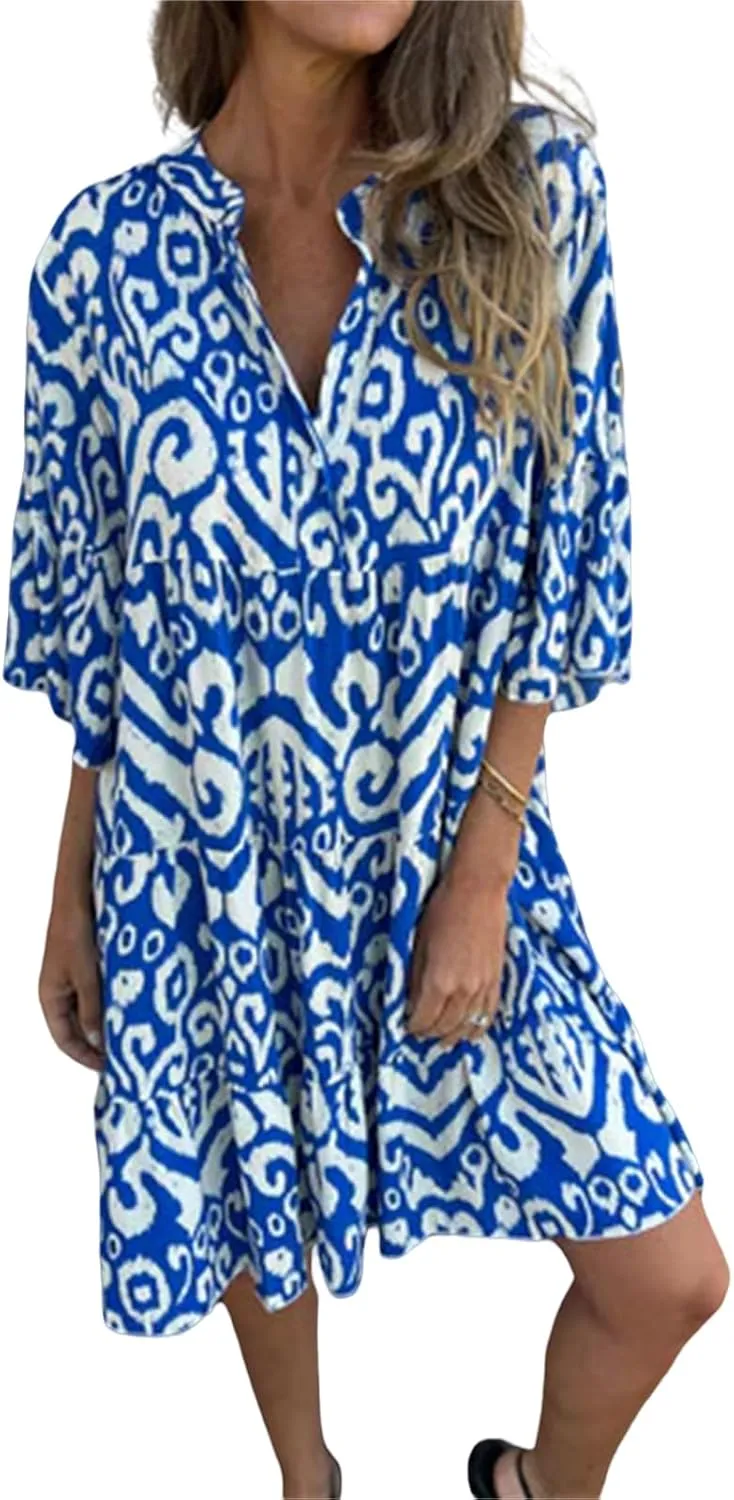 Womens Summer Short Sleeve Dresses Casual V Neck Print Smocked Midi Dress Flowy Loose Travel Vacation Clothes