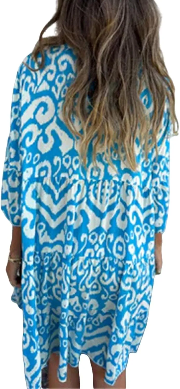 Womens Summer Short Sleeve Dresses Casual V Neck Print Smocked Midi Dress Flowy Loose Travel Vacation Clothes