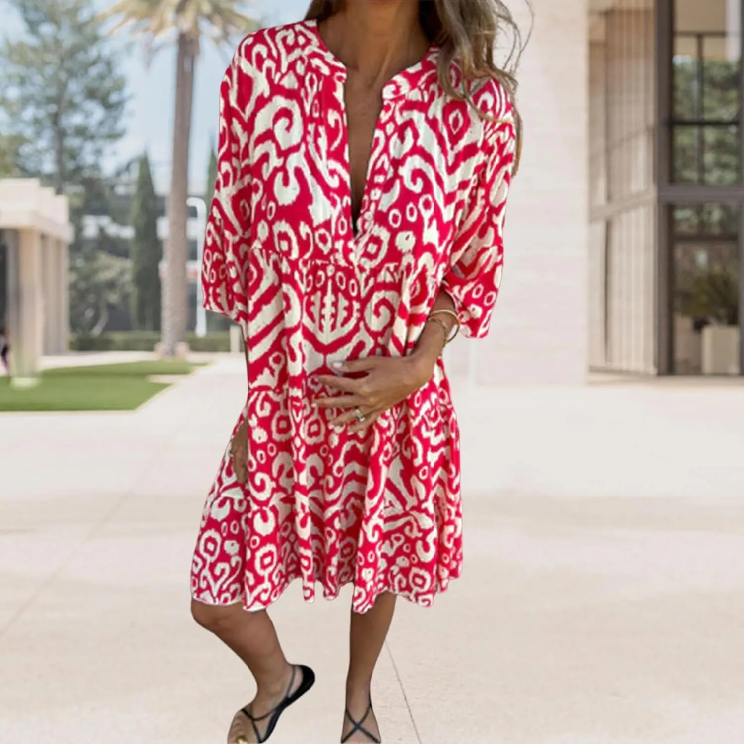 Womens Summer Short Sleeve Dresses Casual V Neck Print Smocked Midi Dress Flowy Loose Travel Vacation Clothes