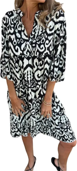 Womens Summer Short Sleeve Dresses Casual V Neck Print Smocked Midi Dress Flowy Loose Travel Vacation Clothes