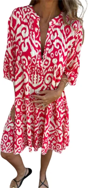Womens Summer Short Sleeve Dresses Casual V Neck Print Smocked Midi Dress Flowy Loose Travel Vacation Clothes