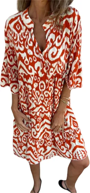 Womens Summer Short Sleeve Dresses Casual V Neck Print Smocked Midi Dress Flowy Loose Travel Vacation Clothes