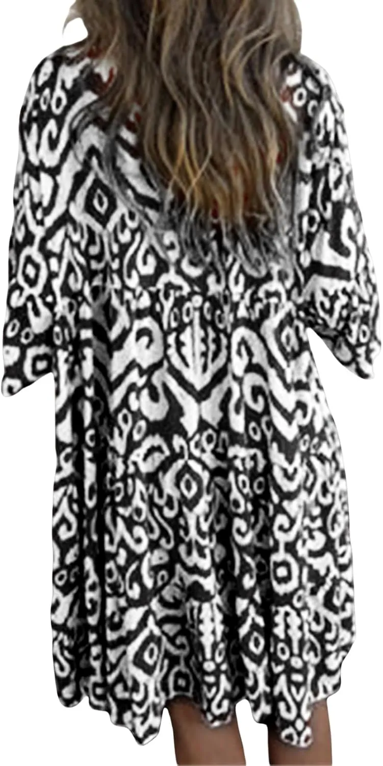 Womens Summer Short Sleeve Dresses Casual V Neck Print Smocked Midi Dress Flowy Loose Travel Vacation Clothes