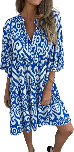 Womens Summer Short Sleeve Dresses Casual V Neck Print Smocked Midi Dress Flowy Loose Travel Vacation Clothes