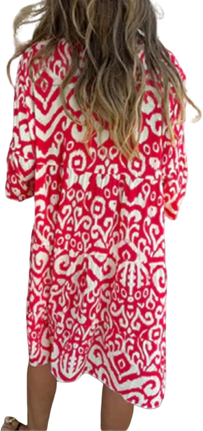 Womens Summer Short Sleeve Dresses Casual V Neck Print Smocked Midi Dress Flowy Loose Travel Vacation Clothes