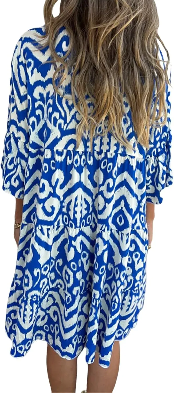 Womens Summer Short Sleeve Dresses Casual V Neck Print Smocked Midi Dress Flowy Loose Travel Vacation Clothes