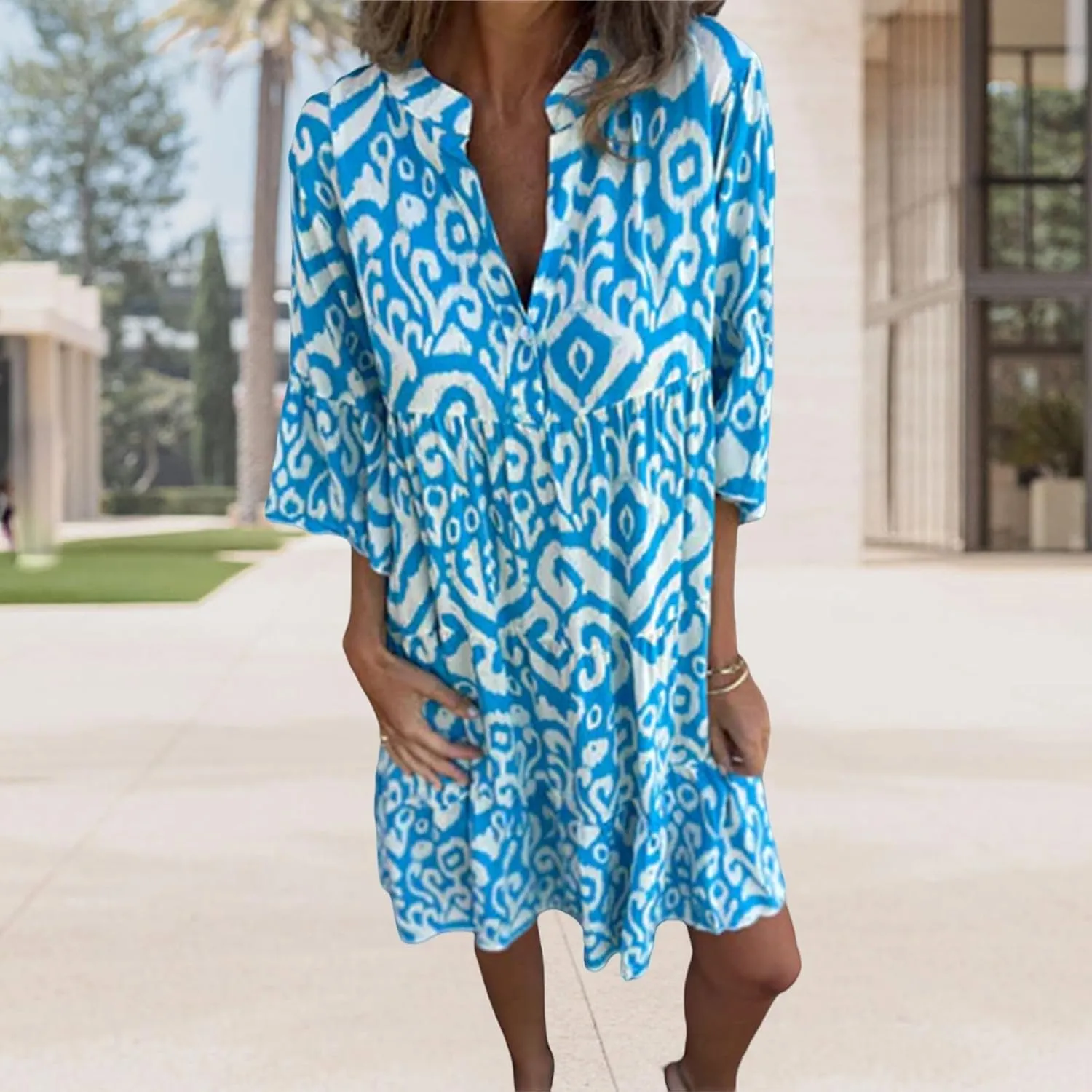 Womens Summer Short Sleeve Dresses Casual V Neck Print Smocked Midi Dress Flowy Loose Travel Vacation Clothes