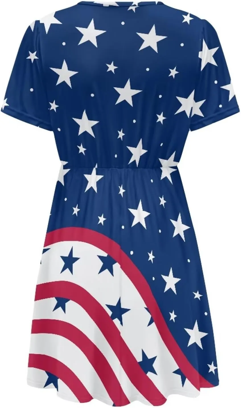 Women's Summer Short Sleeve Dresses V-Neck Casual Party Midi Sundress, S-2XL