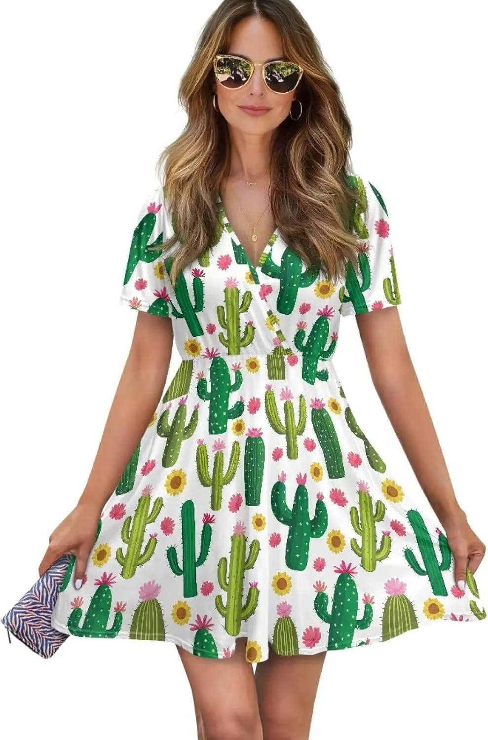 Women's Summer Short Sleeve Dresses V-Neck Casual Party Midi Sundress, S-2XL