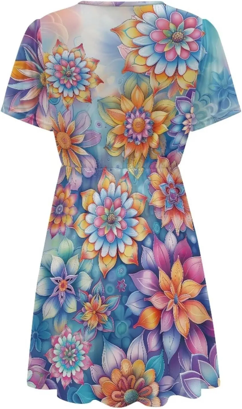 Women's Summer Short Sleeve Dresses V-Neck Casual Party Midi Sundress, S-2XL