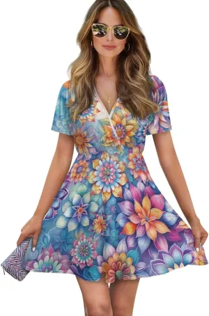 Women's Summer Short Sleeve Dresses V-Neck Casual Party Midi Sundress, S-2XL
