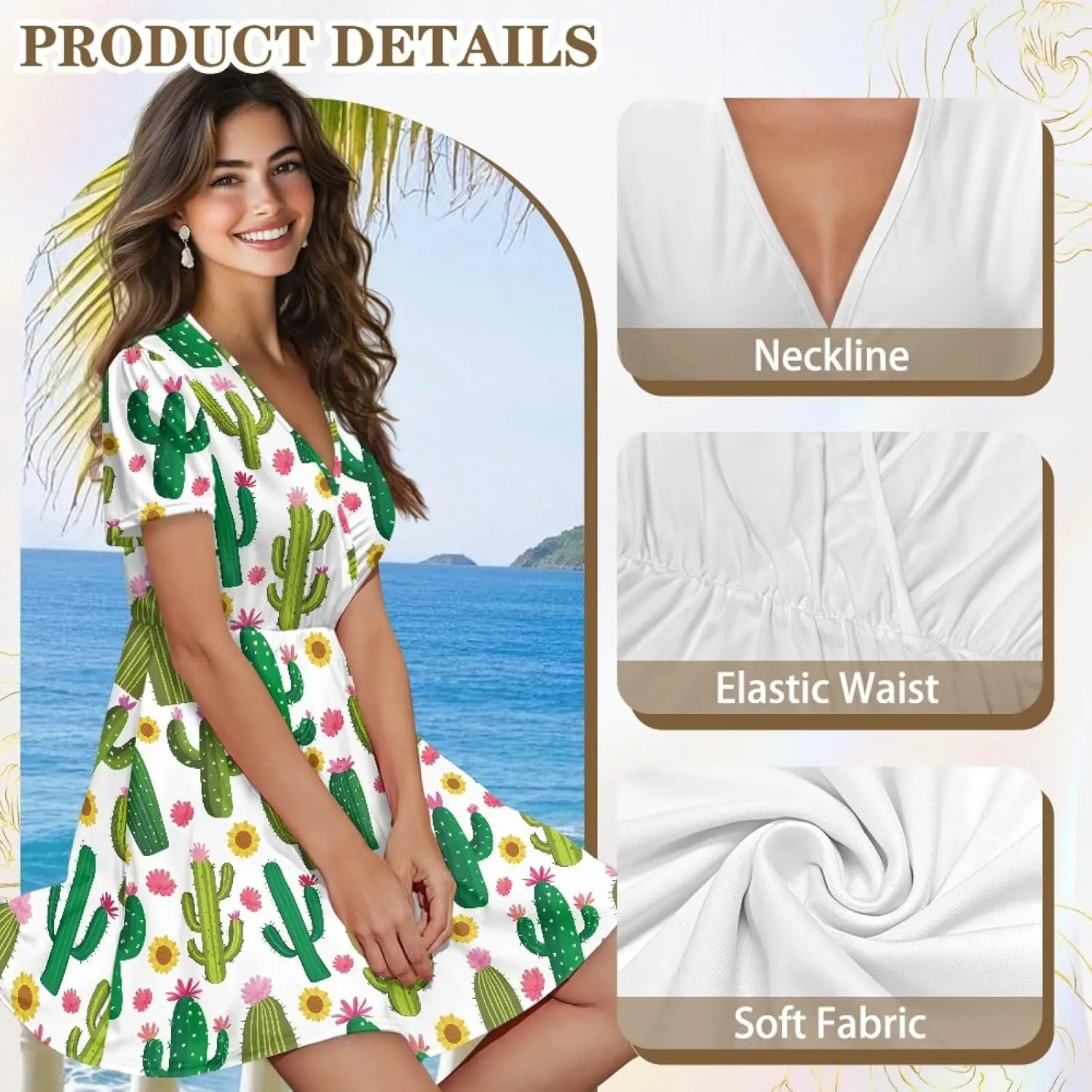 Women's Summer Short Sleeve Dresses V-Neck Casual Party Midi Sundress, S-2XL