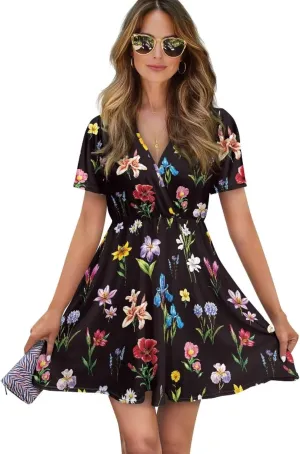 Women's Summer Short Sleeve Dresses V-Neck Casual Party Midi Sundress, S-2XL