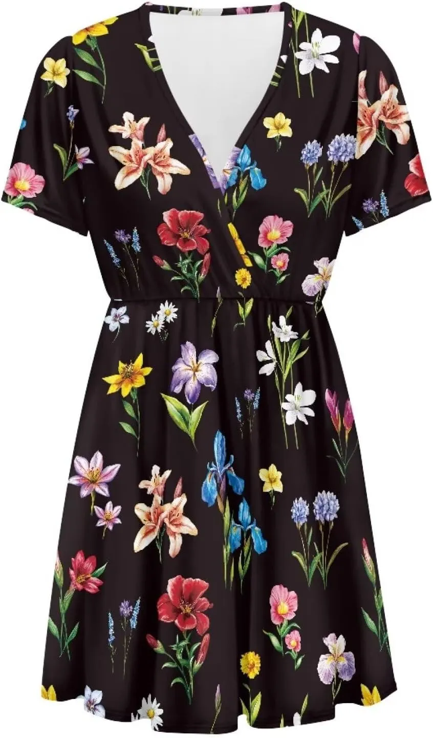 Women's Summer Short Sleeve Dresses V-Neck Casual Party Midi Sundress, S-2XL