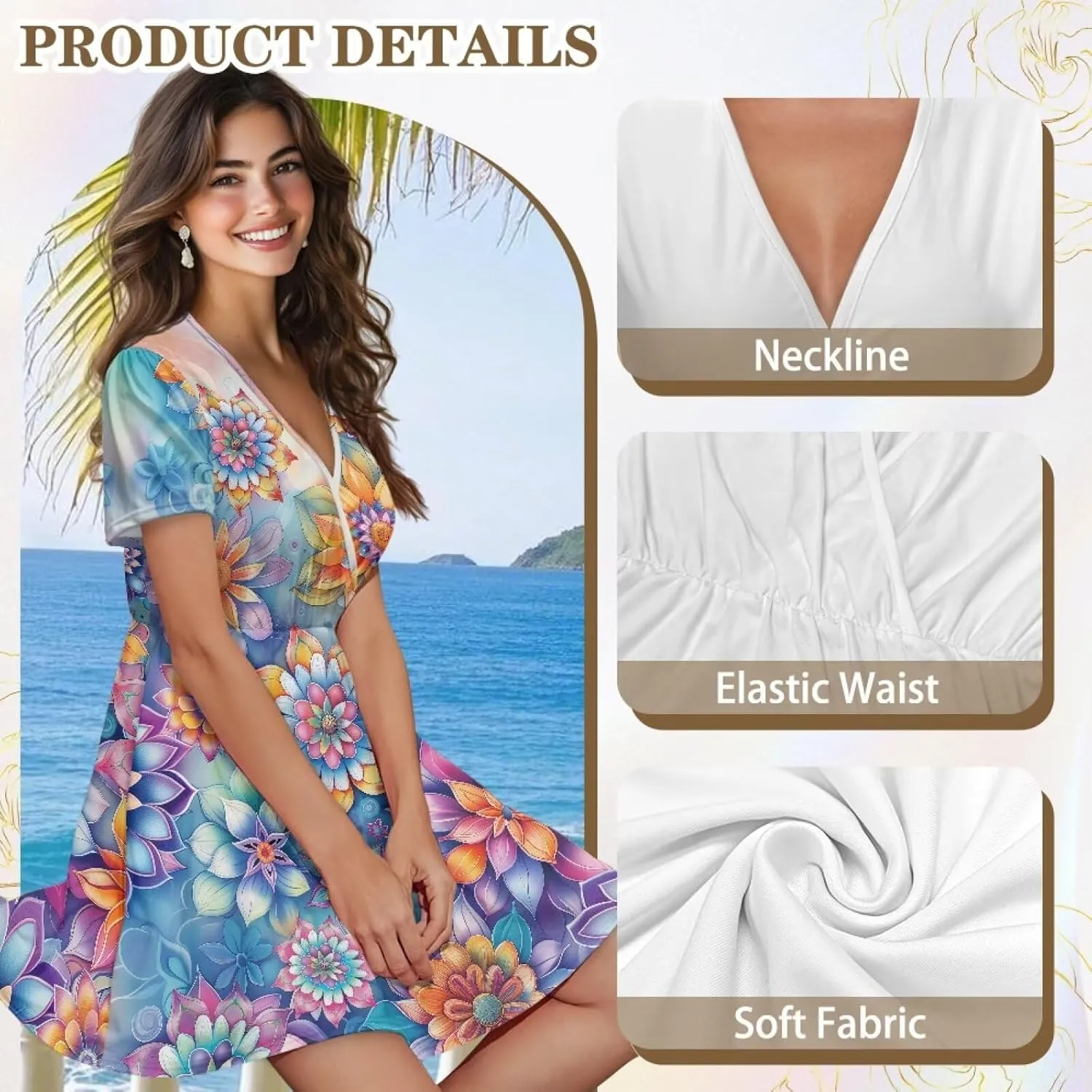 Women's Summer Short Sleeve Dresses V-Neck Casual Party Midi Sundress, S-2XL