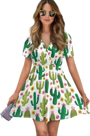 Women's Summer Short Sleeve Dresses V-Neck Casual Party Midi Sundress, S-2XL