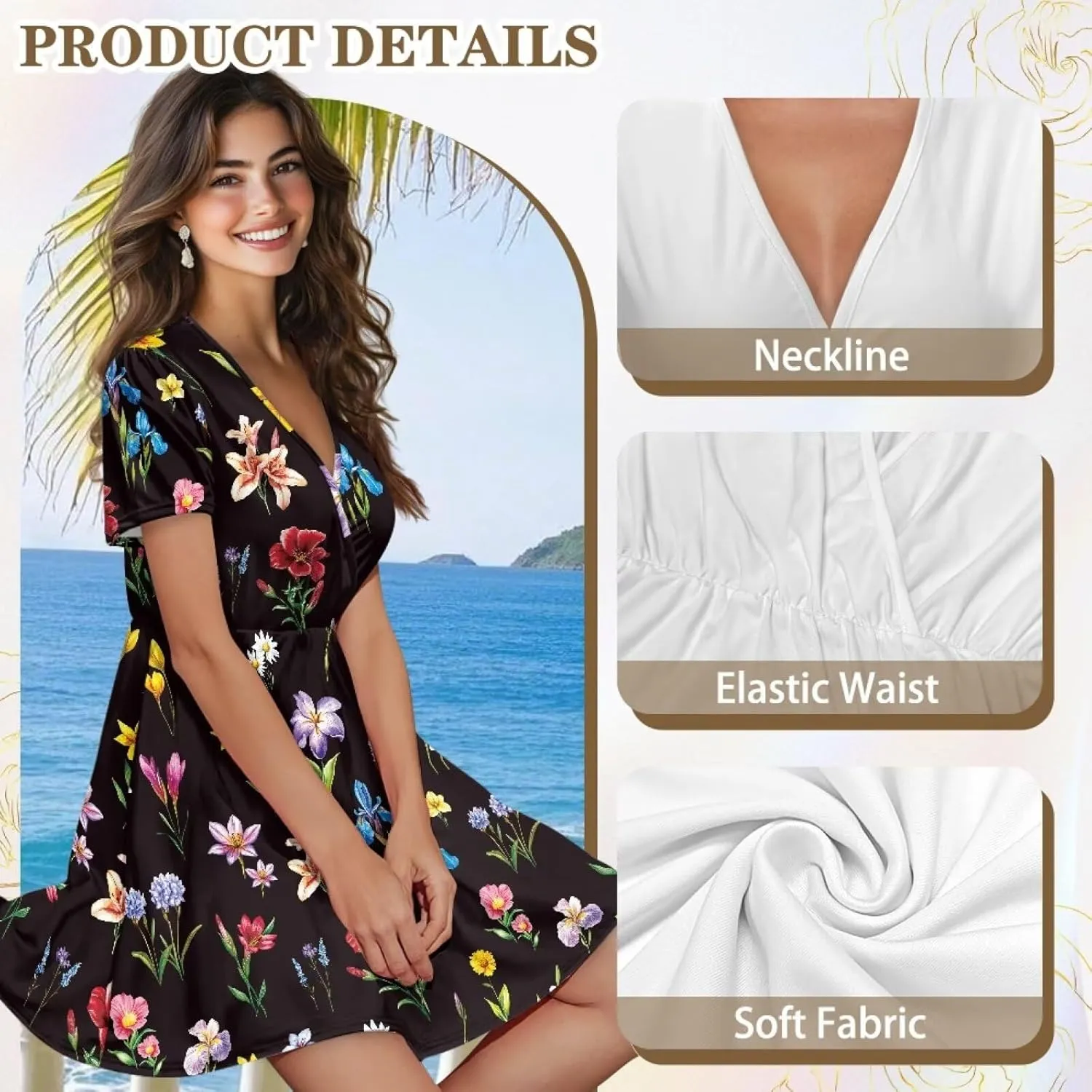 Women's Summer Short Sleeve Dresses V-Neck Casual Party Midi Sundress, S-2XL