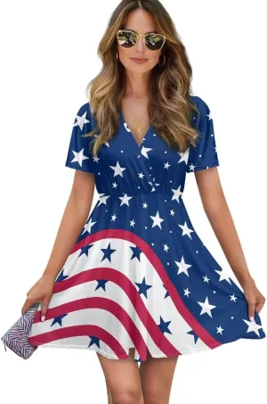 Women's Summer Short Sleeve Dresses V-Neck Casual Party Midi Sundress, S-2XL