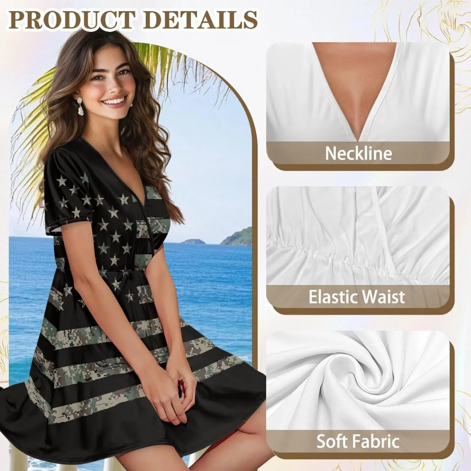 Women's Summer Short Sleeve Dresses V-Neck Casual Party Midi Sundress, S-2XL