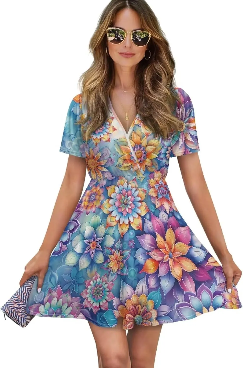 Women's Summer Short Sleeve Dresses V-Neck Casual Party Midi Sundress, S-2XL