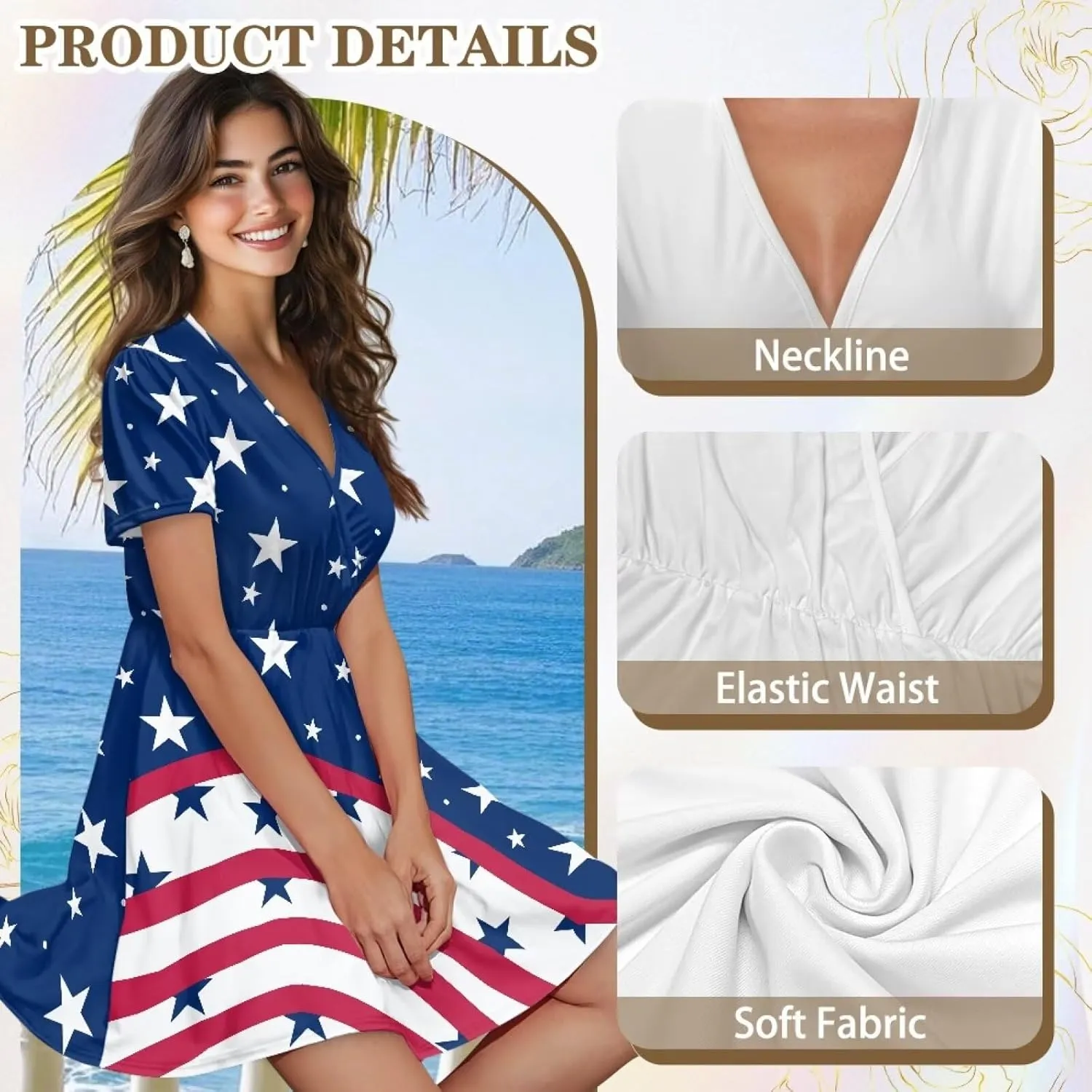 Women's Summer Short Sleeve Dresses V-Neck Casual Party Midi Sundress, S-2XL