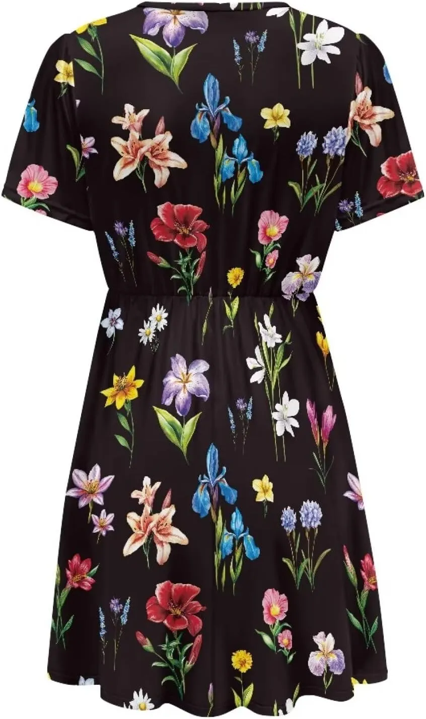 Women's Summer Short Sleeve Dresses V-Neck Casual Party Midi Sundress, S-2XL