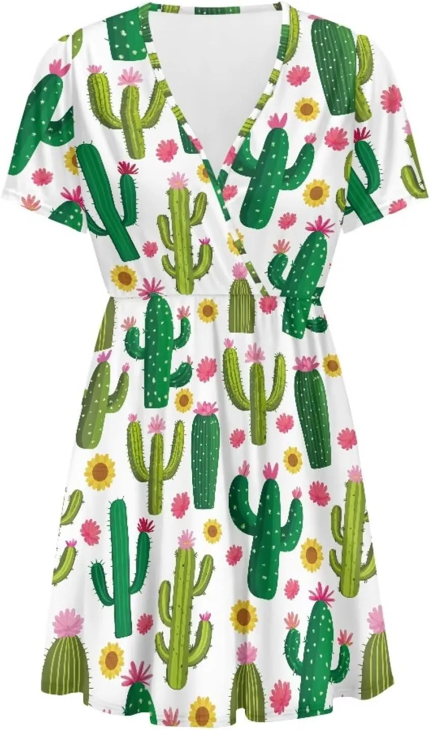 Women's Summer Short Sleeve Dresses V-Neck Casual Party Midi Sundress, S-2XL