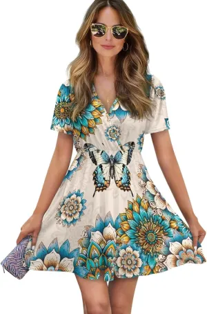 Women's Summer Short Sleeve Dresses V-Neck Casual Party Midi Sundress, S-2XL