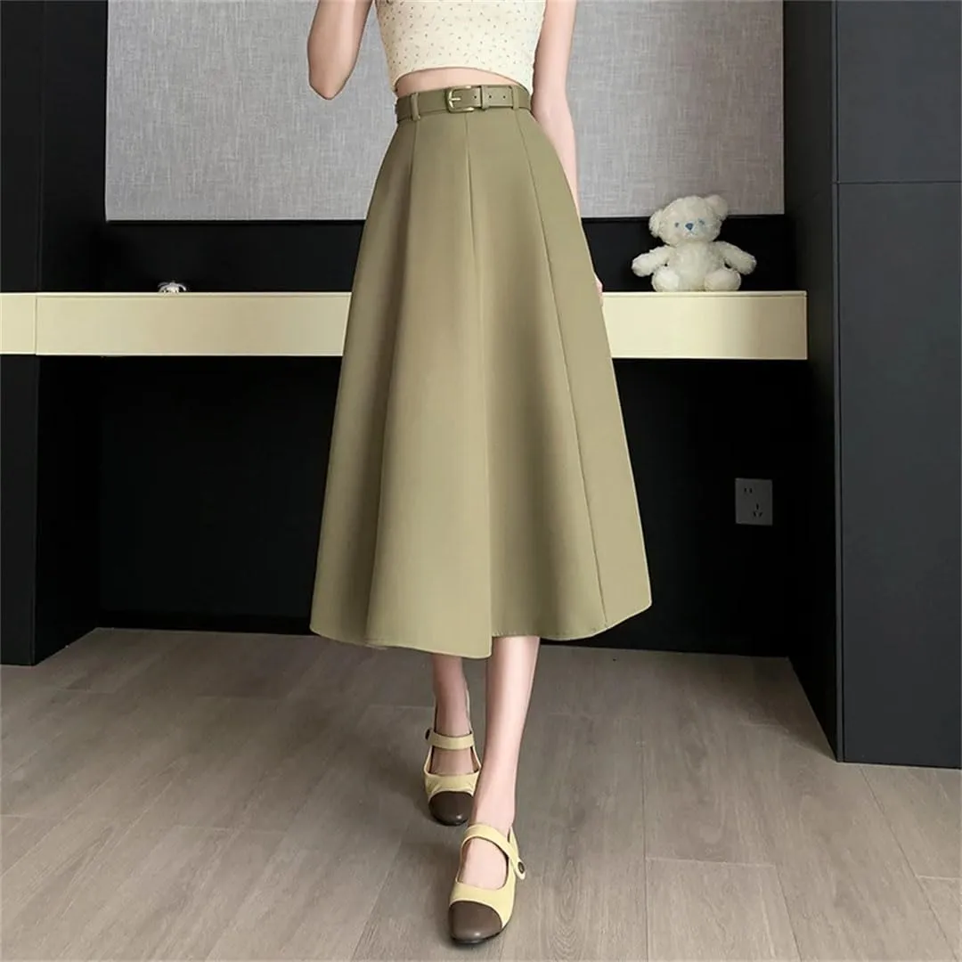 Women's Summer Solid Color High Waist Ladies Casual Mid A-Line Skirts