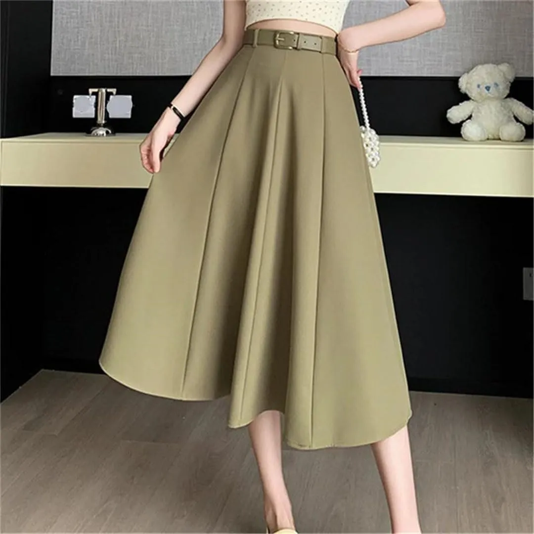 Women's Summer Solid Color High Waist Ladies Casual Mid A-Line Skirts