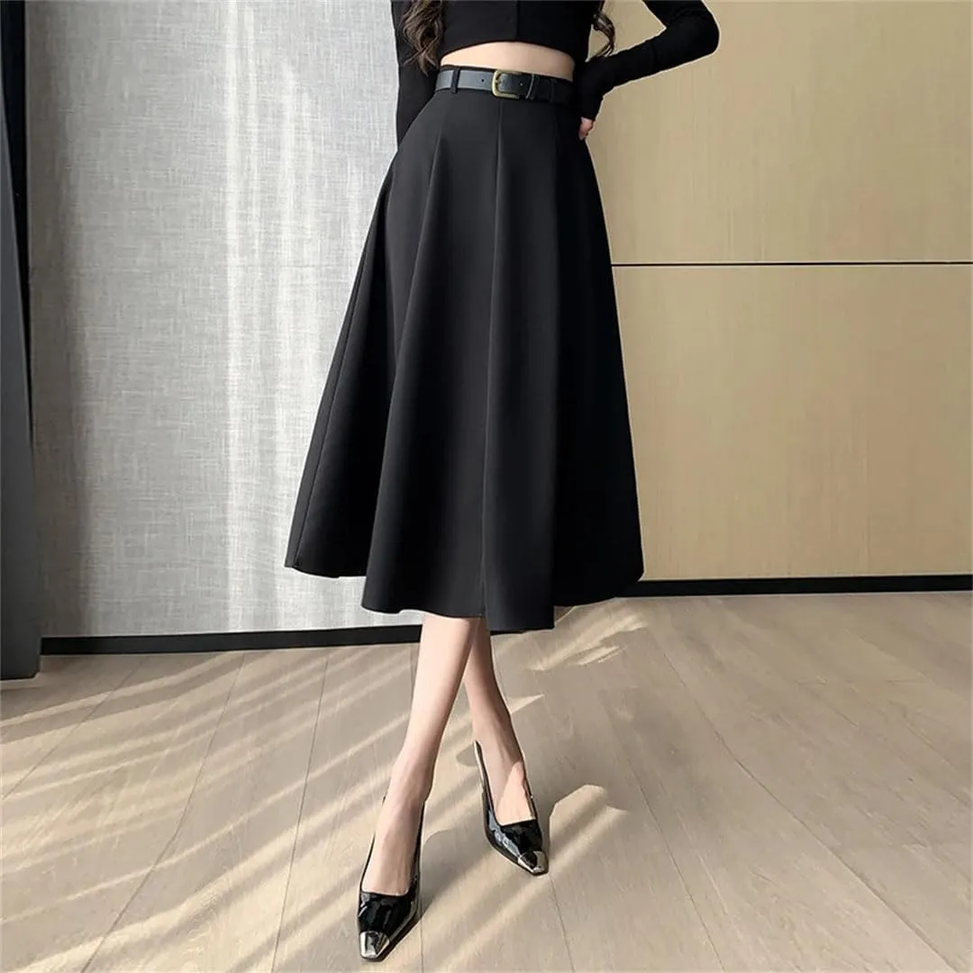 Women's Summer Solid Color High Waist Ladies Casual Mid A-Line Skirts