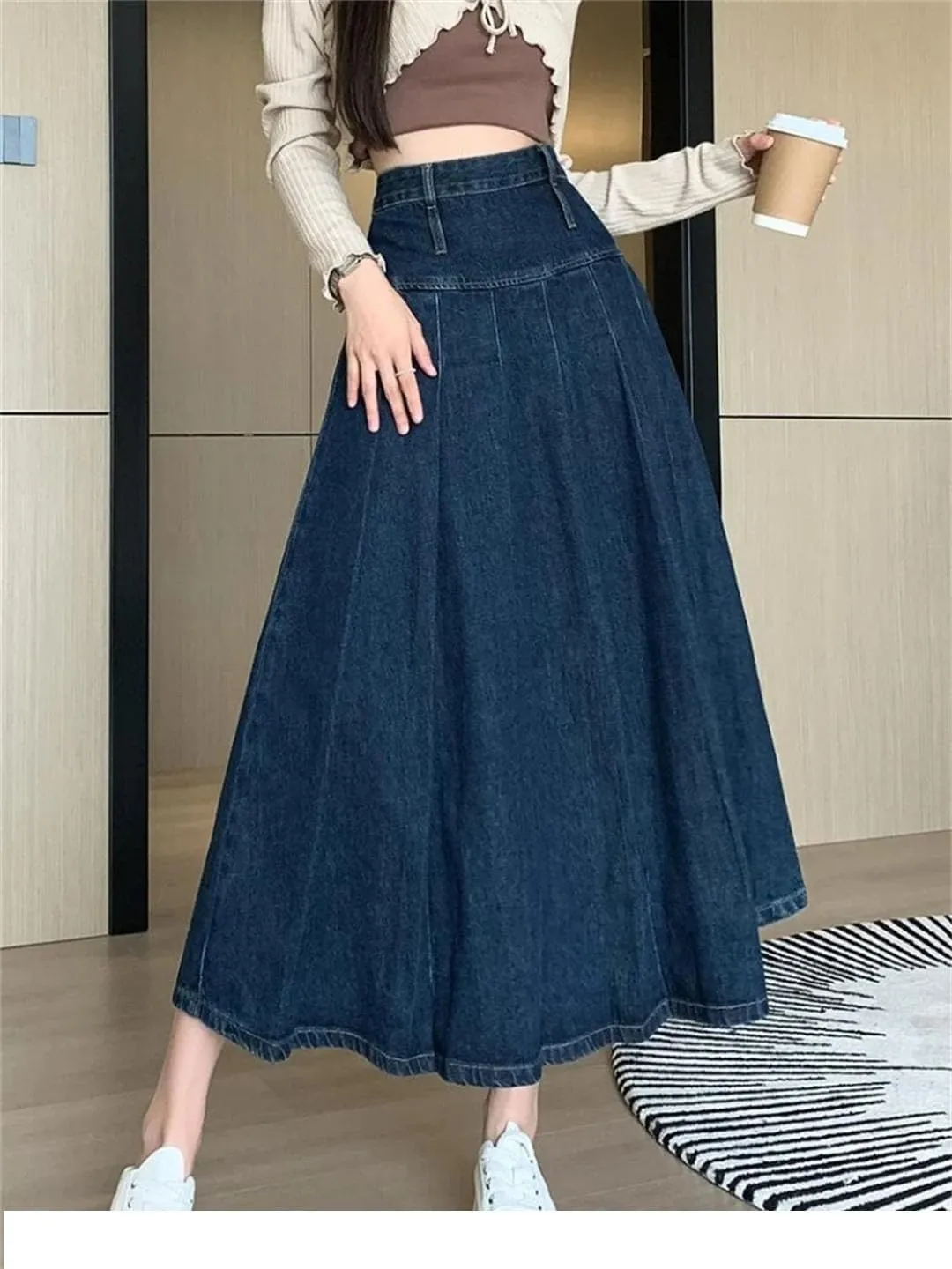 Women's Summer Solid Pleated High Waist Casual Umbrella Jeans A-Line Skirts
