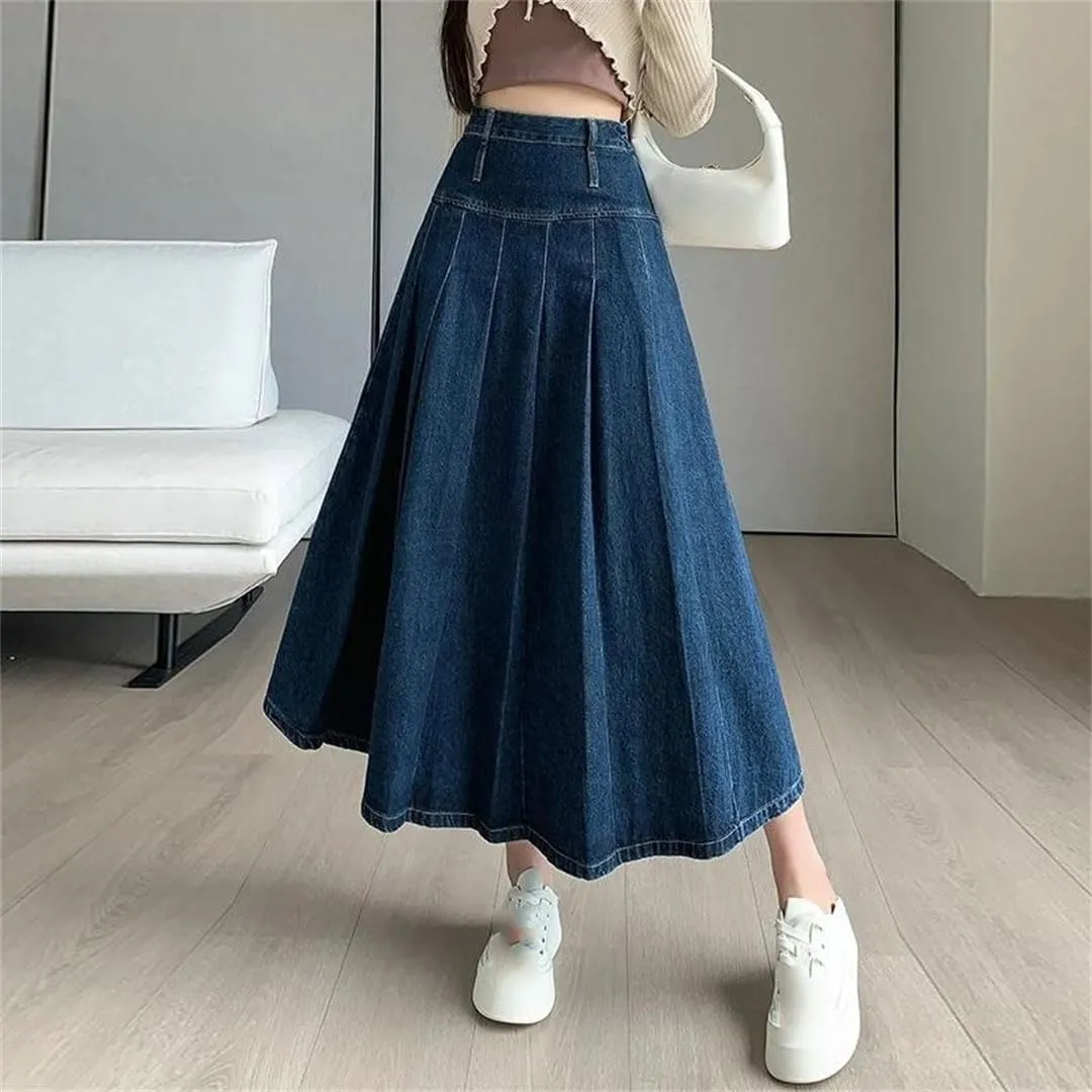 Women's Summer Solid Pleated High Waist Casual Umbrella Jeans A-Line Skirts