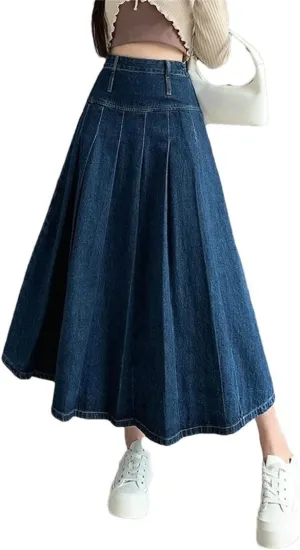 Women's Summer Solid Pleated High Waist Casual Umbrella Jeans A-Line Skirts