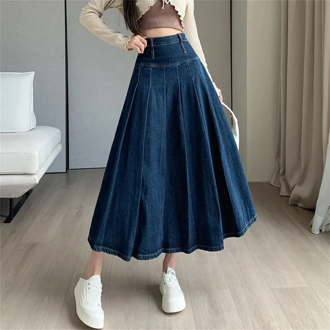 Women's Summer Solid Pleated High Waist Casual Umbrella Jeans A-Line Skirts