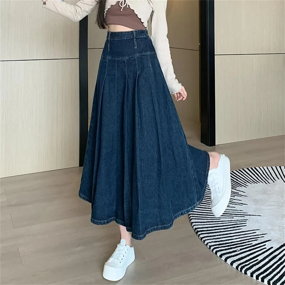 Women's Summer Solid Pleated High Waist Casual Umbrella Jeans A-Line Skirts