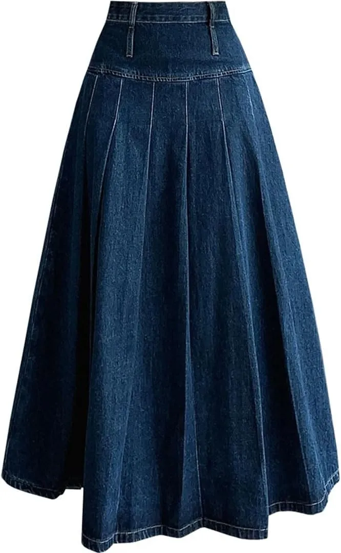 Women's Summer Solid Pleated High Waist Casual Umbrella Jeans A-Line Skirts