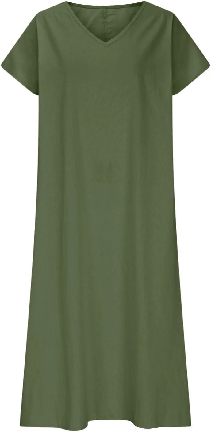 Womens Summer V Neck Short Sleeve Dresses Loose Boho Beach Flowy Midi Dress Lightweight Sundresses