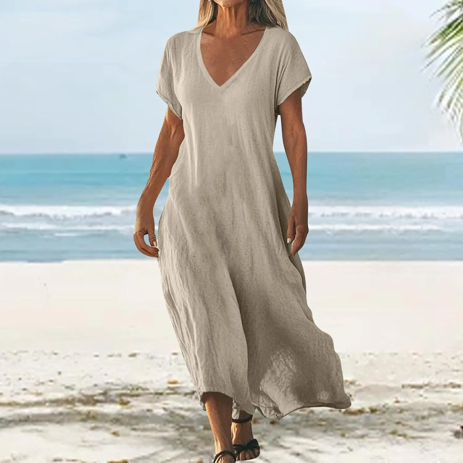 Womens Summer V Neck Short Sleeve Dresses Loose Boho Beach Flowy Midi Dress Lightweight Sundresses