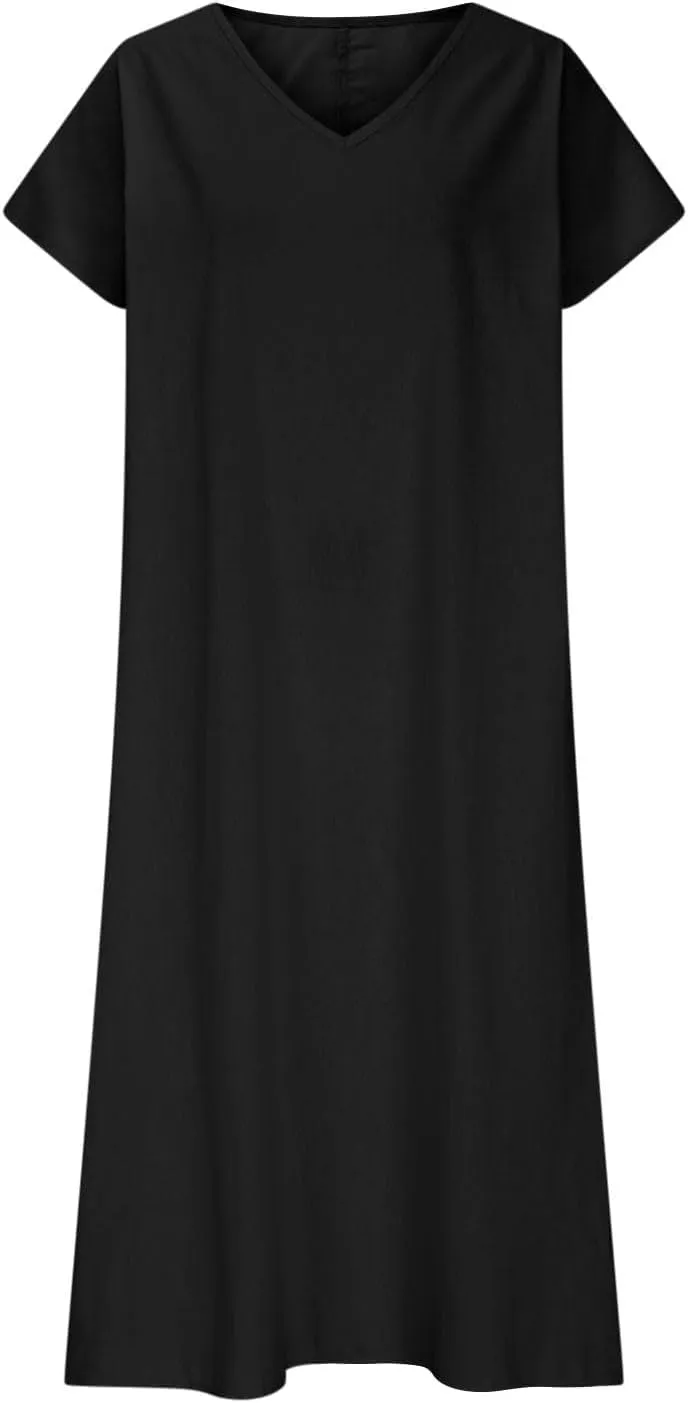 Womens Summer V Neck Short Sleeve Dresses Loose Boho Beach Flowy Midi Dress Lightweight Sundresses