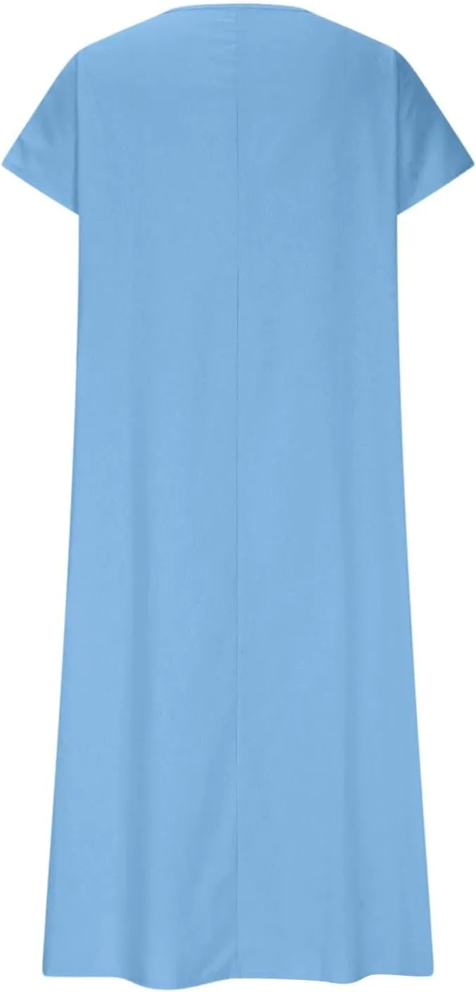 Womens Summer V Neck Short Sleeve Dresses Loose Boho Beach Flowy Midi Dress Lightweight Sundresses